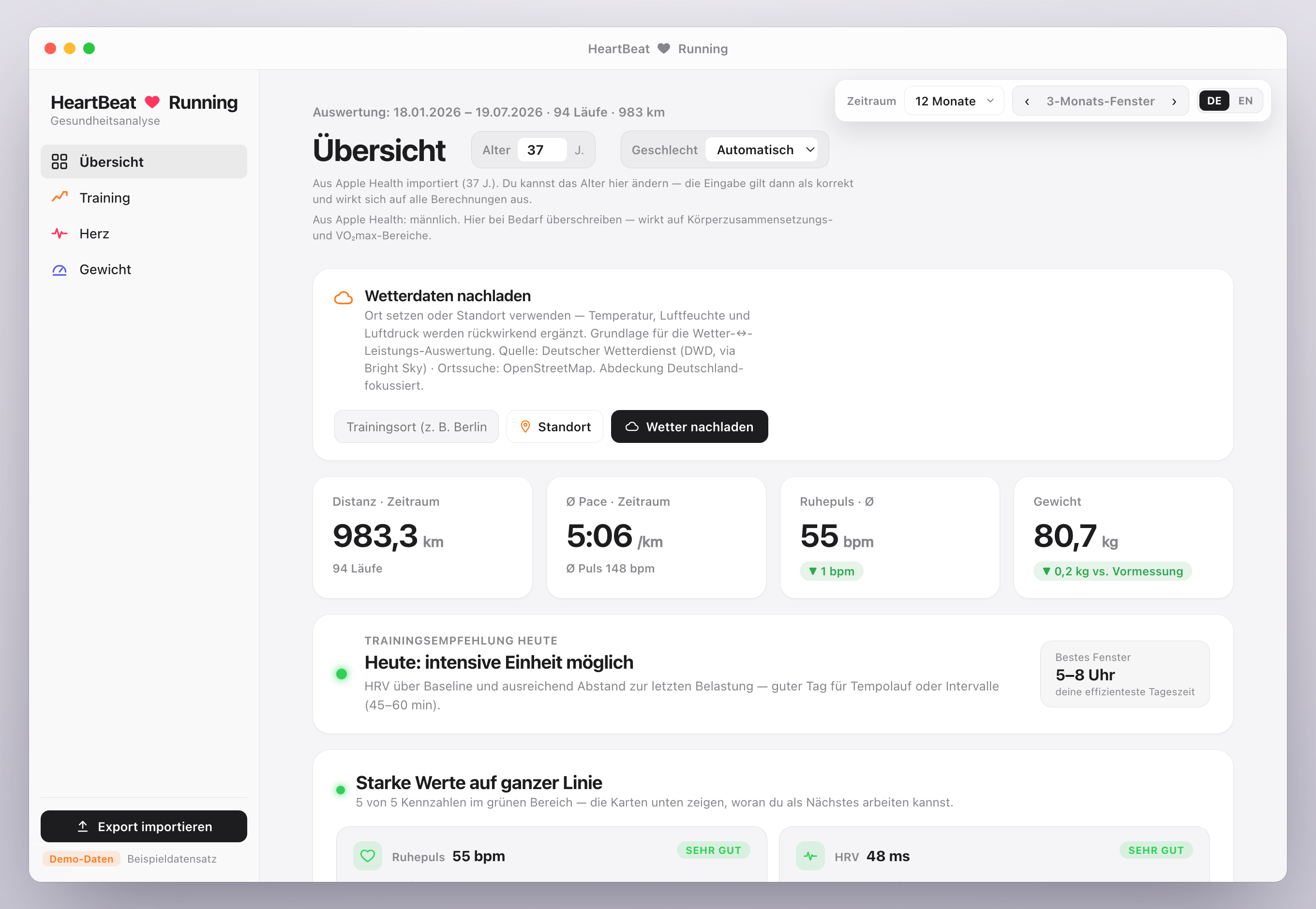 HeartBeat Running – Übersicht mit KPIs und Tagesempfehlung